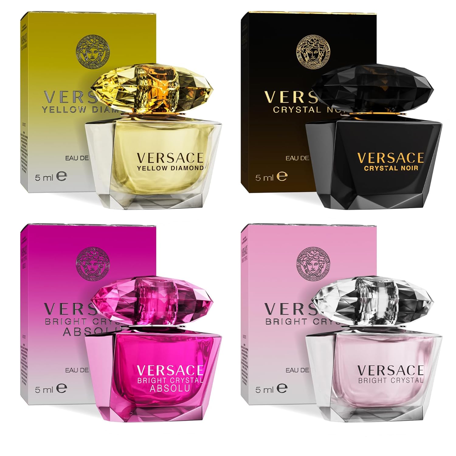 Versace Perfume for Women Set of 4 Mini, Bright Crystal, Yellow Diamond, Crystal Noir, Bright Crystal Absolu, Perfume for Women Fragrance Sampler Set Designer Womens Samples (4 Count, 0.17 oz) Rongoworks